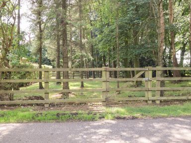 A wooden fence with a gate in front of a wooded area with trees and grass at Swinsty Lodge Fewston near Darley