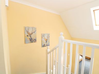 A staircase with white railings and deer paintings on a yellow wall at Drifters in Winterton-On-Sea