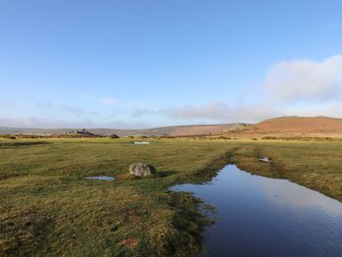 A grassy moorland with puddles of water and rocky hills in the background at The Cottage on The Square in Chagford