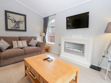 A living room with a brown sofa a wooden coffee table a wall-mounted TV and a fireplace at Highfield Lodge Kirkstone 30 Limefitt Park near Troutbeck