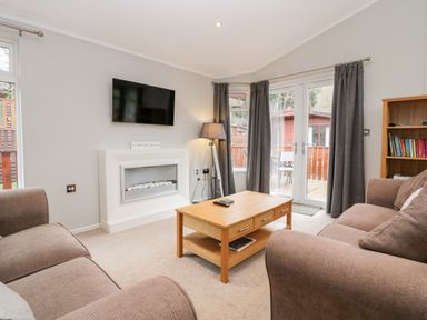 A living room with sofas a coffee table a fireplace a wall-mounted TV a floor lamp and a bookshelf at Highfield Lodge Kirkstone 30 Limefitt Park near Troutbeck