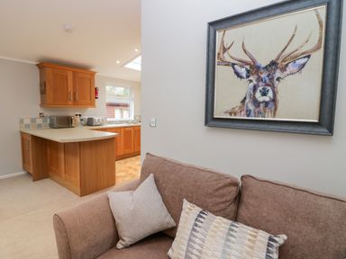 A kitchen with wooden cabinets and countertop next to a living room with a brown sofa and pillows and a deer painting on the wall at Highfield Lodge Kirkstone 30 Limefitt Park near Troutbeck