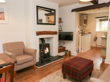 A living room with an armchair a fireplace with a fire a plaid ottoman and a wall mounted television at Latch Cottage in Keswick