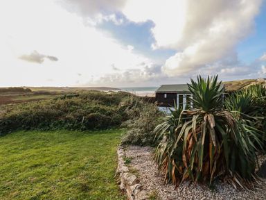 A garden with large plants and grass with a small shed and ocean view at Seacroft in Crantock