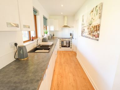 A kitchen with countertop appliances a sink an oven and a painting on the wall at Lodge 2 in South Hykeham