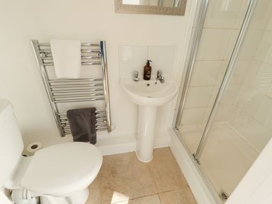 A bathroom with a toilet a pedestal sink and a glass shower enclosure at Lodge 2 in South Hykeham