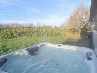 An outdoor hot tub on a wooden deck next to a grassy area with a tree at Lodge 4 in South Hykeham