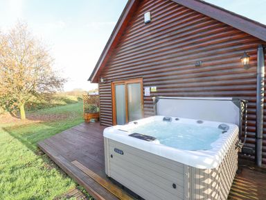 An outdoor hot tub on a wooden deck next to a wooden cabin with glass doors and a tree in the background at Lodge 4 in South Hykeham