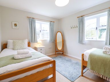 A bedroom with two single wooden beds bedside table with lamp standing mirror and blue rug at The Brambles in Polstead