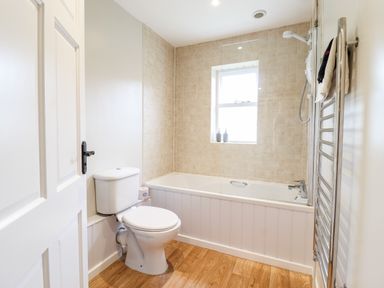 A bathroom with a toilet bathtub with shower and a towel rack at The Brambles in Polstead