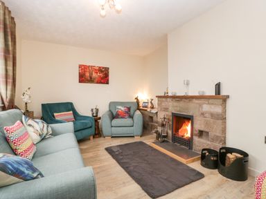 A living room with a sofa armchairs a fireplace with wood storage and a rug at Palace Bungalow in St Weonards