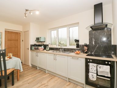A kitchen with white cabinets a black oven and stove a microwave a sink and a table with chairs at Palace Bungalow in St Weonards
