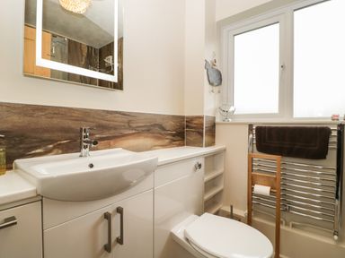 A bathroom with a sink, toilet, mirror, towel rail, and window at Palace Bungalow in St Weonards