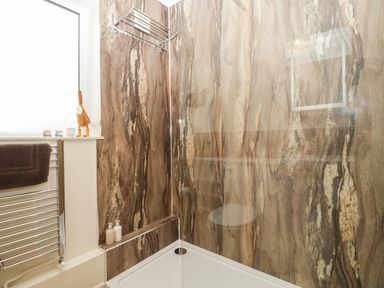 A bathroom with a shower area featuring brown marbled walls and a glass partition at Palace Bungalow in St Weonards