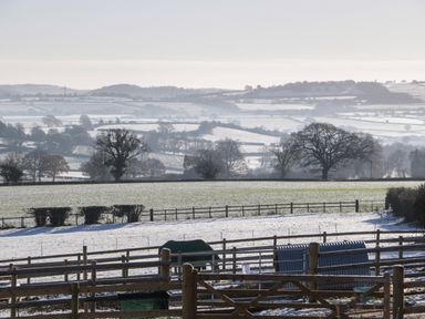 A snowy agricultural field with multiple wooden fences and leafless trees at Palace Bungalow in St Weonards