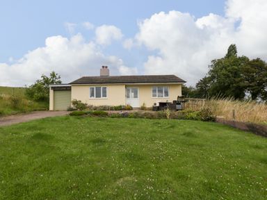 A single-story house with a garden and patio furniture on a grassy lawn at Palace Bungalow in St Weonards