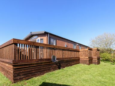 A wooden deck around a cabin in a grassy area at Primrose Lodge in Runswick Bay near Staithes