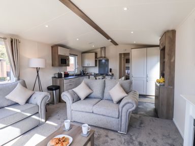 A living room and kitchen area with sofas a coffee table and kitchen appliances at Primrose Lodge in Runswick Bay near Staithes