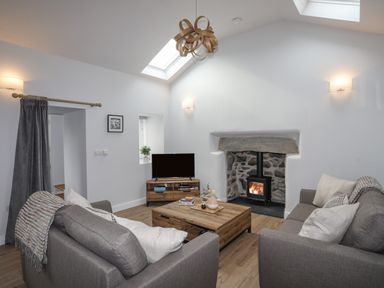 A living room with two sofas a coffee table a fireplace and a television at Tan Y Coed - Nasareth in Nasareth near Penygroes