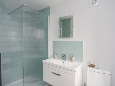 A bathroom with a shower area with textured glass door a white sink with a drawer mirror above and a toilet with a decoration on the tank at Tan Y Coed - Nasareth Nasareth near Penygroes