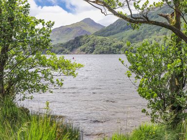 A lake with green trees and grass in the foreground and mountains in the background at Tan Y Coed - Nasareth in Nasareth near Penygroes