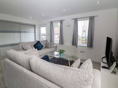 A living room with two grey sofas a glass coffee table a television and two windows with curtains at Harry's Lodge in Ashover