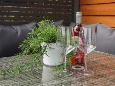A glass table with a white plant pot containing greenery and two empty wine glasses beside a bottle of rose wine on a patio with cushions and wooden panels in the background at Harry's Lodge in Ashover