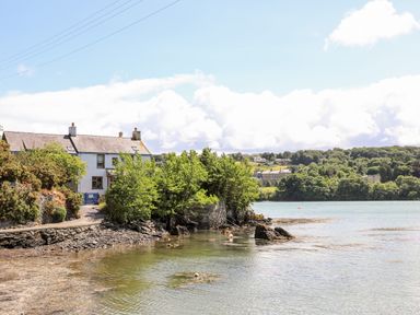 A white house near a rocky shoreline with water and trees at Ynys Faelog Cottage in Ynys Faelog near Menai Bridge