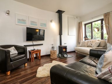 A living room with leather and fabric sofas a wood burning stove and television at The Old Piggeries in Gulval near Penzance