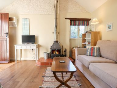 A living room with a sofa a wood stove a coffee table and a TV on a table at The Calf Pen in Colyton
