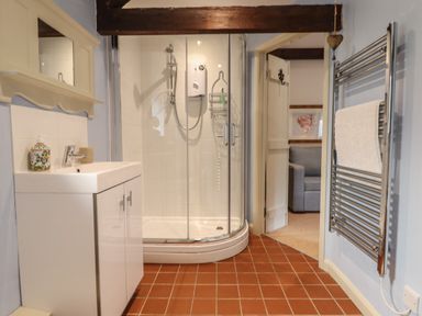 A bathroom with a white sink cabinet a glass shower enclosure a heated towel rail and a door opening to a room with a gray sofa at The Bull Pen in Colyton