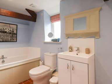 A bathroom with a bathtub toilet and sink with mirror at The Bull Pen in Colyton