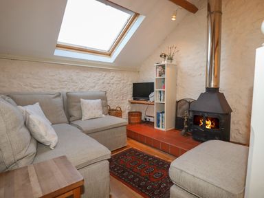 A living room with a gray sofa wood stove and bookshelf under a skylight at The Hay Loft in Colyton