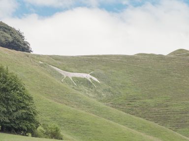 A hillside with a large white chalk figure of a horse at The Old Bakehouse in Avebury