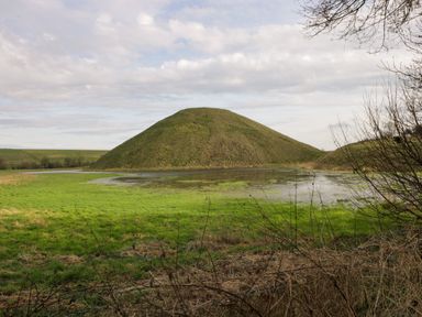 A large grass-covered mound surrounded by a flooded grassy field and bare trees at The Old Bakehouse in Avebury