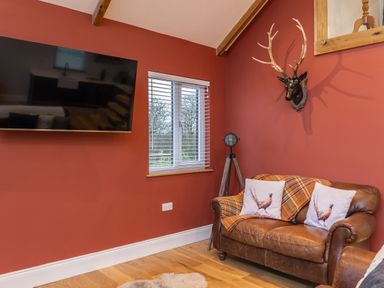 A living room with a leather sofa and cushions a wall mounted television a window and a mounted deer head at Stags Mount in Thornton Dale
