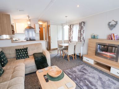 A living room with a beige sofa and green cushions a wooden coffee table dining table with four chairs and an electric fireplace at Forest Star in Cayton