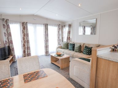 A living room with a sofa a coffee table a television and a dining table with placemats at Forest Star in Cayton