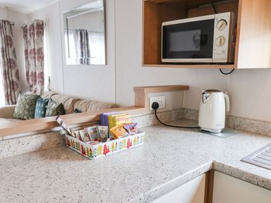 A kitchen countertop with a microwave, kettle, and a tray of snacks with a view of a sofa and curtains at Forest Star in Cayton
