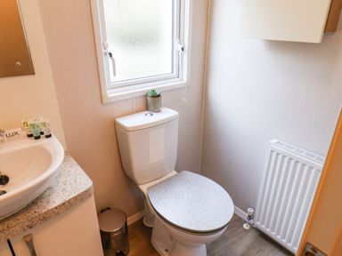 A bathroom with a toilet under a frosted window next to a sink and radiator at Forest Star in Cayton