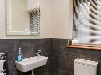 A bathroom with a sink soap dispenser mirror towel rail toilet and window blinds at Scandale Bridge Cottage Ambleside