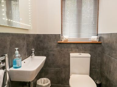 A bathroom with a toilet sink hand soap mirror and window blinds at Scandale Bridge Cottage in Ambleside