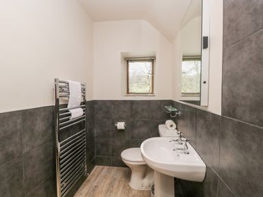 A bathroom with a pedestal sink toilet towel rack window and wall mirror at Scandale Bridge Cottage Ambleside