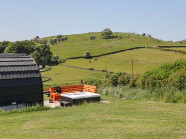 An outdoor area with a hot tub and wooden seating near a small black cabin with green hills and grazing animals in the background at Holly in Ulverston