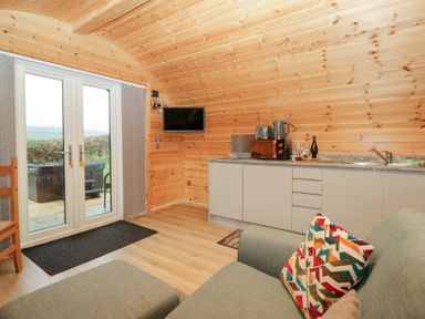 A living room with a sofa and kitchen unit at Holly in Ulverston