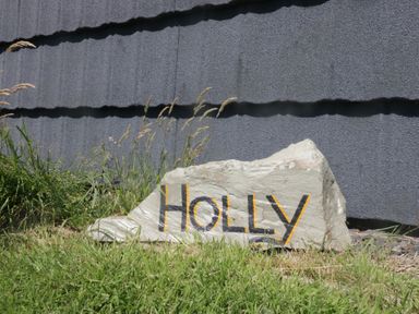 A rock with 'HOLLY' painted on it in an outdoor area at Holly in Ulverston