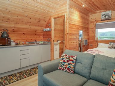A bedroom with a kitchen area and sofa at Willow in Ulverston