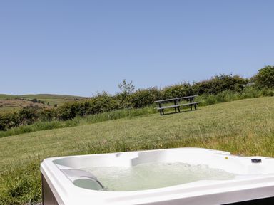 An outdoor hot tub on grass with a picnic table and bushes in the background at Oak in Ulverston