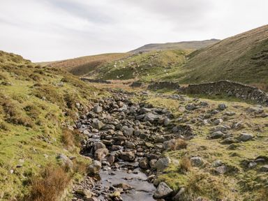 A rocky stream flowing through a valley with grassy hills and sheep grazing at Wainwright Cottage in Gosforth