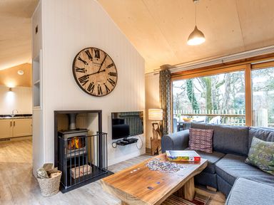 A living room with a gray sofa a wooden coffee table with a puzzle a wall clock a fireplace and large windows showing outdoor trees at Lodge 2 in Corfe Castle